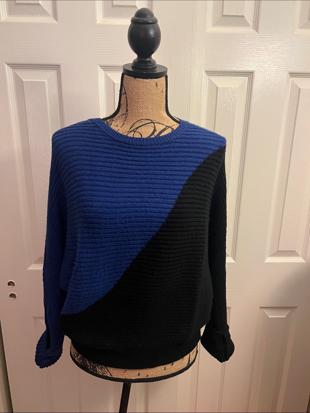Express Blue and Black Diagonal Crewneck Sweater